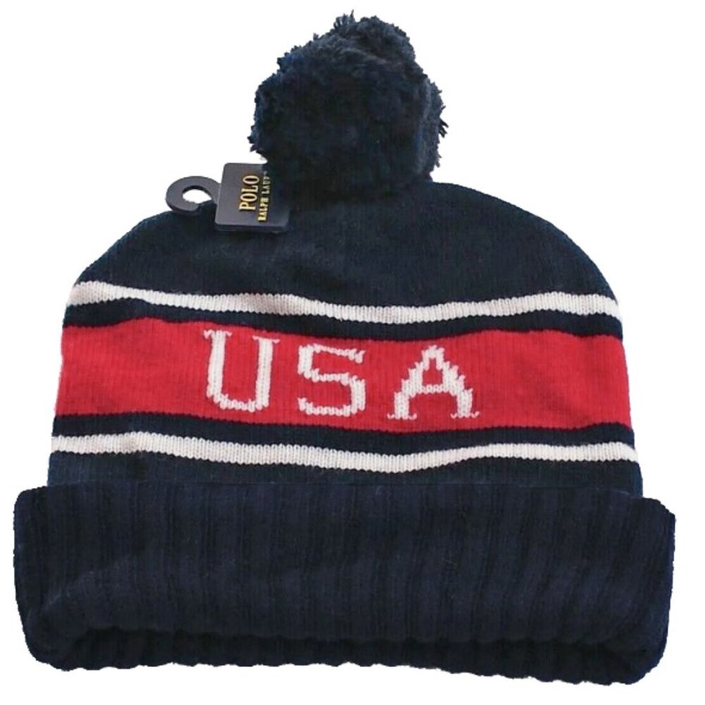 NEW Polo Ralph Lauren Red White & Navy Blue USA Knit Pom Beanie Hat! One Size